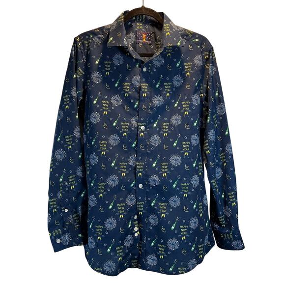 Simon Banks Shirt Mens Medium Button Up Happy New Year Print Party Holiday Blue - Picture 1 of 9